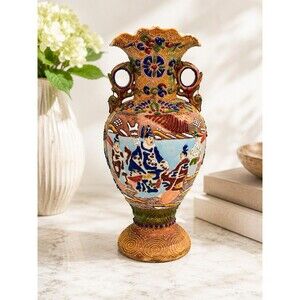 Vintage Japanese Satsuma Moriage Vase Double Open Handle Figural Court Scene 11"